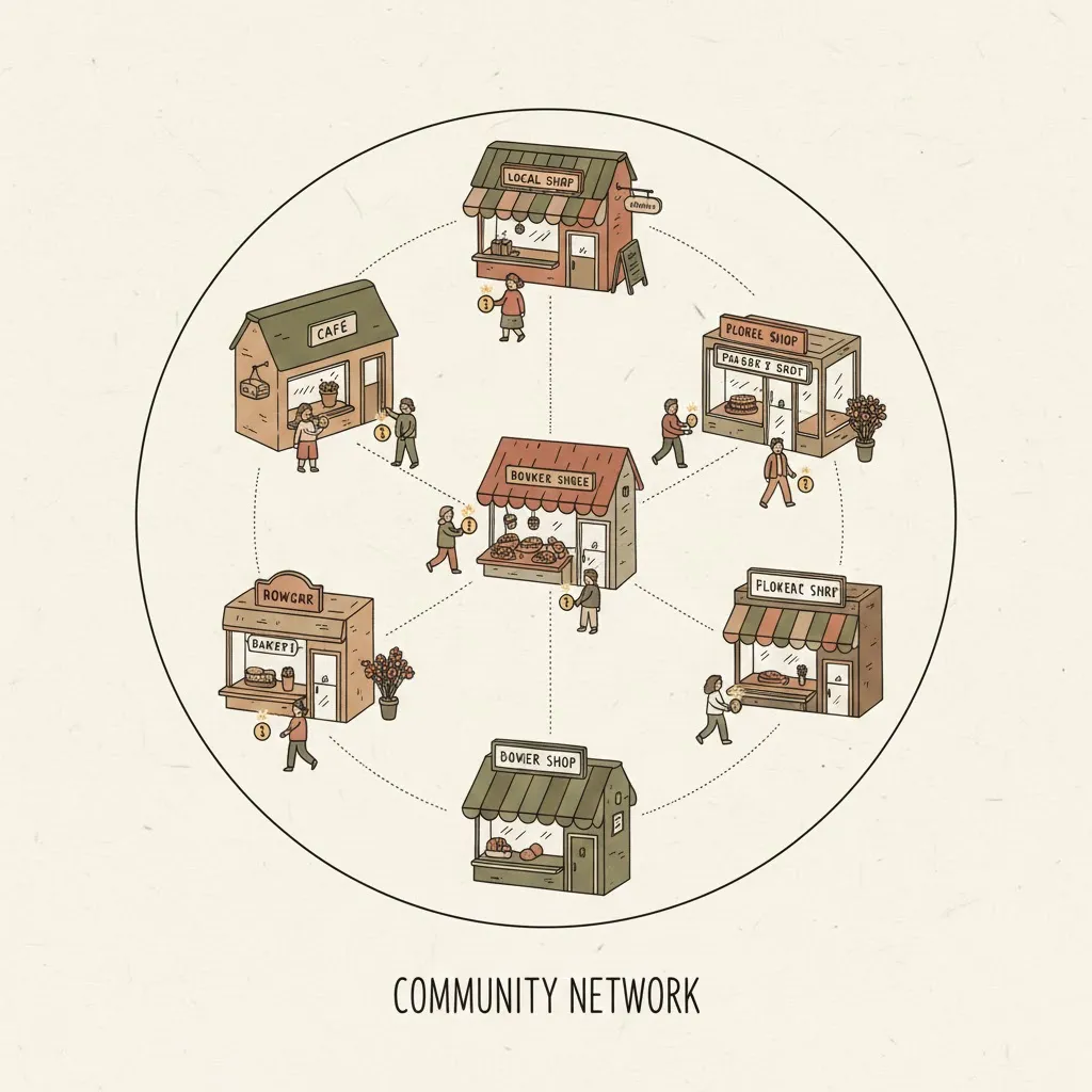Bird's-eye view of connected local shops forming a community network