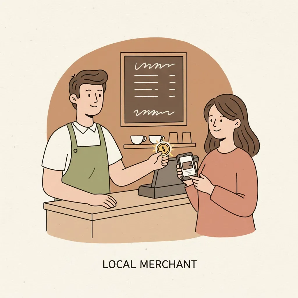 Friendly merchant handing a reward token to a customer at a coffee shop