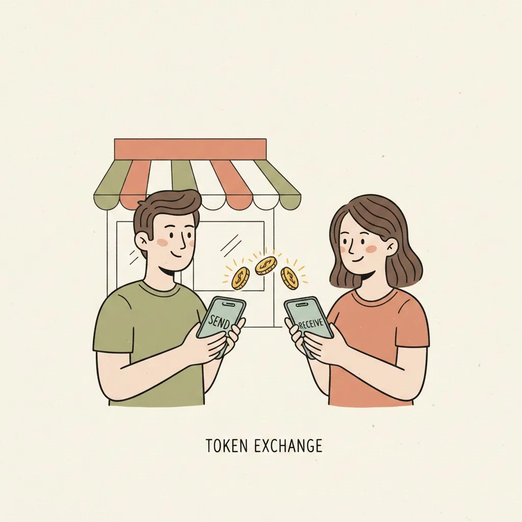 Two people exchanging reward tokens via their phone apps